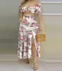 Work Dresses 2 Piece Set Women Outfit Vacation Floral Print O Neck Crop Top Shirr Slit High Waist Maxi Skirt Sets 2024 Female Fashion