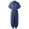 Summer Women Denim Jumpsuit Short Sleeve Solid Color Buttons Pockets Long Baggy Romper Overall for Work Wide Leg Trousers 3XL