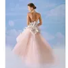 Robes de fête Robe de soirée chic rose haute / basse appliques 3d fleurs sans bretelles sans manches élégantes formelle robe d'anniversaire femme