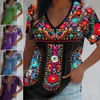 Flor de bordado 3D estampado boho Mujeres de verano Vintage Vneck Vneck de manga étnica Copa de blusa femenina 240319