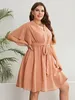 Plus Size Womens Dress Solid Color Wave Short Sleeve Dresses Elegant V Neck Waist Belt Office Lady Robe Summer Gown Clothing 240410