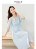 Casual Dresses Vimly Light Blue V-neck Elegant Three Quarter Sleeve Chiffon Dress Women 2024 Spring A-line Umbrella Lace-up Midi M5982