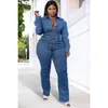 Plus Size Daily Jumpsuit Blue Long Sleeve Denim Zip Womens Spring Autumn Bodysuit Solid Color Romper Jeans 240410