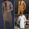 Dashiki Elegant Wedding Suit voor mannen Single-borde bovenshirtbroek 2 stks Herensets Afrikaans etnisch casual traditionele outfit 240401