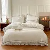 Yatak setleri premium zarif fırfırlı set beyaz pembe çift fransız doğa yumuşak pamuklu nevresim Yatak yastık kılıfları