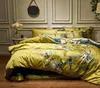 4pcs Silky Egyptian Cotton Jaune Chinoiserie Style Birds Fleurs Couvrette de lit Feuille de lit ajusté Set King Size Queen Litteur S9934996