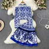 Work Dresses 2024 Fashion Summer Women Print 2 Piece Set Blue And White Porcelain Shirts High Waist Mini Skirts Sets