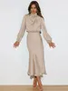 Högklassig satin långärmad lös passande klänning elegant kvinnor kväll vintage kläder y2k mode streetwear 240408