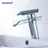 ROVATE Bathroom Basin Faucet Waterfall Spout Glass Brass Chrome Nickel Brushed Cold and Hot Mixer Water Sink Tap