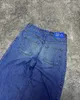 Senaste stora pojkar broderade mönster blå retro y2kbaggy jeans hög midja tvättade raka benbyxor kvinnor 240401