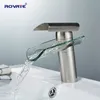 Rovate Single Handle Waterfall Wafatory Salle de bain robinet Spout en verre, mélangeur chaud et froid en laiton en laiton brossé nickel