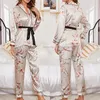 Satin 2 stycken Sovkläder med byxor Skriv ut Flower Nightwear V-Neck Pyjamas Pour Femme Casual Sleep Topsspants Suit Loungewear