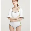 Women's Swimwear Short Sleeve One Piece Swimsuit Women Solid White Ruffle Monokini Vintage Bathing Suit Push Up Pad Trikini Korea Style