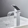 ROVATE Bathroom Basin Faucet Waterfall Deck Mounted Cold and Hot Water Mixer Tap Brass Chrome Vanity Vessel Sink Crane