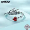 Cluster Rings WOSTU 925 Sterling Silver Punk Skull Hand Opening With Red Heart CZ For Women Hip Hop Special HOliday Jewelry Gifts CQR876