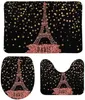 Tappeti da bagno set da bagno set 3 pezzi Eiffel Tower Paris |Punti coriandotti glam in oro rosa set non slip a forma di contorno