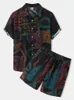 남자 트랙 슈트 민족 스타일 셔츠 세트 3D 프린트 남자 캐주얼 패션 짧은 슬리브 셔츠 대형 해변 반바지 여름 스트리트웨어 정장