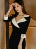 Urban Sexy Dresses New Fashion Elegant Office Lady Women Dress Sexig Retro Casual Turn-Down Collar Black Formal Slim Midi Party Pencil Femme Vestido 24410