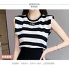 Vestidos de trabalho T-shirt Summer Two peças Conjunto de mulheres Mulheres de miçangas listradas camiseta com zíper intermediário Saias de divisão ternos de ladys roupas casuais