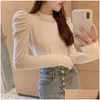 Women Sweters Lucyever Pearls o Neck Slim Women Y Knitted Puff Rleeve Skocznicy Kobieta 2023 Spring Fashion Eleganckie topy Majer Drop Deli Dhmec