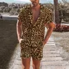 Herrespår män toppar skjortor tryck kostym 2 stycken avslappnad mode leopard kort ärm shorts sommar