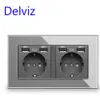 Delviz EU Standard USB socket, 5V 2A Quality USB charging hole, Gray Crystal glass Panel, 110~250V 16A Power Wall Double Outlet