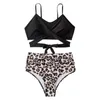 Frauen Badebekleidung Frauen Badeanzug Blumenblatt Leopardenmuster Bikini Set mit Rückengurchen hohe Taille Stretchböden sexy Sommer Beachbekleidung für