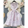 Robes décontractées de base Summer Pink Jacquard O Neck Sans manches Sans manches Femmes Sweet Temperament Ténique Slim Midi Holidi Ball Robe Vest Drop Dhx83