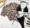 Kvinnors badkläder Bikini Kvinnor 3st baddräkt Push Up String Bra Bottoms Cover Swimming Beachwear Leopard Bathing Sui