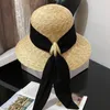 Wide Brim Cloche Straw Hat for Women UPF50 Sun Black Ribbon Knot Woven Bucket Summer Beach Cap Derby 240410