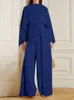 BONBOHO Urban vrouwelijke elegante jumpsuit ronde nek gegolfde mouw geplooide brede been broek uit één stuk pak dames forens jump suits