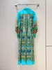 Damesjurk Aqua Blue Laple Neck met lange mouwen bloemen gedrukt shirt Midi -jurk