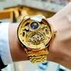 Polshorloges gouden vintage maanfase automatisch horloge voor mannen tourbillon skelet lichte handen mechanische horloges stalen band