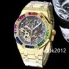 15412or Geel Gold Mens Watch dubbele balans wiel openWorked Automatische veelkleurige edelstenen saffier Crystal Luxury polshorloge 41 mm