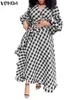 Sukienki swobodne Vonda Plaid Sukienka 2024 Długie Lantern Sleeve Maxi Sundress Bohemian Loose V-Neck Bandage Holiday Robe Femme Oversized