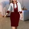 Work Dresses Trendy Lady Dress Coat Set Contrast Color Slim Fit Knee Length Outfits Women Warm