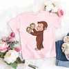 T-shirts 2024 Kawaii Curious George T-shirt Cartoon Graphic Print Monkey T Shirt Summer Tees Girls Tshirts Pink Short Sleeved Tops 240410