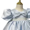 2024 Blue Princess Flower Girls Robes Robes New Luxury Satin Cap Sleeves Special Occasion pour les mariages Robes de bal robes de bal robes de luxe Frist Frist Holy Communion