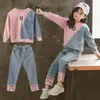 Baby and Girls Cotton Contrast Patchwork Alphabet SweatshirtDenim Pant Workout Set School Kids Tracksuit Child Outfit 3-14 Yrs 240407