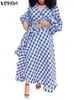 Casual Dresses Vonda Women Plaid Dress 2024 Long Lantern Sleeve Maxi Sundress Bohemian Loose V-ring Bandage Holida