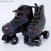 Inline Roller Skates Black White Leather Roller Skates Shoes for Men and Women Flash Double Row 4-wheel Skateboard Sneakers Y240410