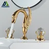 Rozin Gold Swan Havzası musluk lüks güverte monte çift kristal kol banyo mikseri musluk soğuk ve sıcak su mikseri musluk