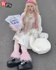 Harajuku kvinnor flicka ljusrosa stickande päls ben varmare strumpor y2k söt lolita plysch skarv fotstrumpor benvärmare strumpor