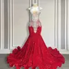 Festklänningar glittrande röd paljett sjöjungfrun prom 2024 Luxury Silver Crystal pärlstav ren nackklänningar för svarta flickor