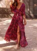 Urban Sexy Dresses Spring Summer Elegant Belt Party Long Dresses For Women Sexig Deep V Nevk Short Sleeve Boho Print Slitklänning 2023 Vestidos 24410