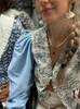 패션 블루 프린트 패치 워크 셔츠 여성 느슨한 랜턴 슬리브 vneck 분할 블라우스 여성 스프링 레이디 스트리트웨어 탑 240326