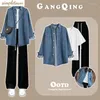 Frauen zweisteuelhafte Hosen Frühling/Sommer Set 2024 Korean Fashion Denim Shirt Jacket T-Shirt mit lässigen drei