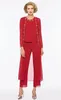 Kırmızı Annenin Elbiseleri Gelinin Annesi Pantolon Takımları Resmi O-Neck Şifon Özel Artı Boyut Yeni Uzun Kollu Üç Parça Boncuk