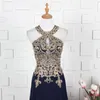 Robes de fête Stock Stock Real Navy Blue Evening Mariffon Lace Applique Crystal Long Formeal Celebrity Vintage Prom Robes