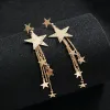 Overdreven Pentagram Star Metal Chain Tassel Lange druppel oorbellen voor Wome Jewelry Statement Bling Crystal Pearl Brincos Bijoux